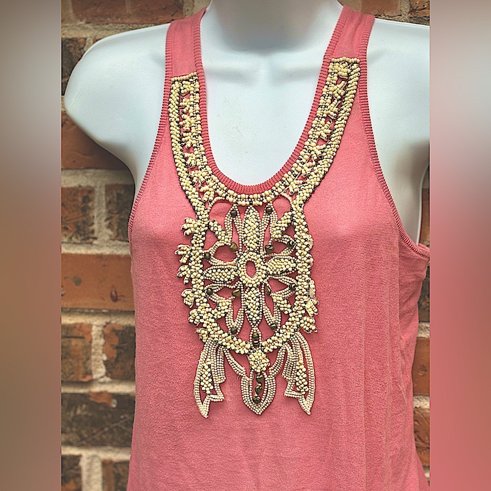 Chloe Pink Cotton Knit, Beaded Front , Racer Back T Shirt Woman’s Size Medium